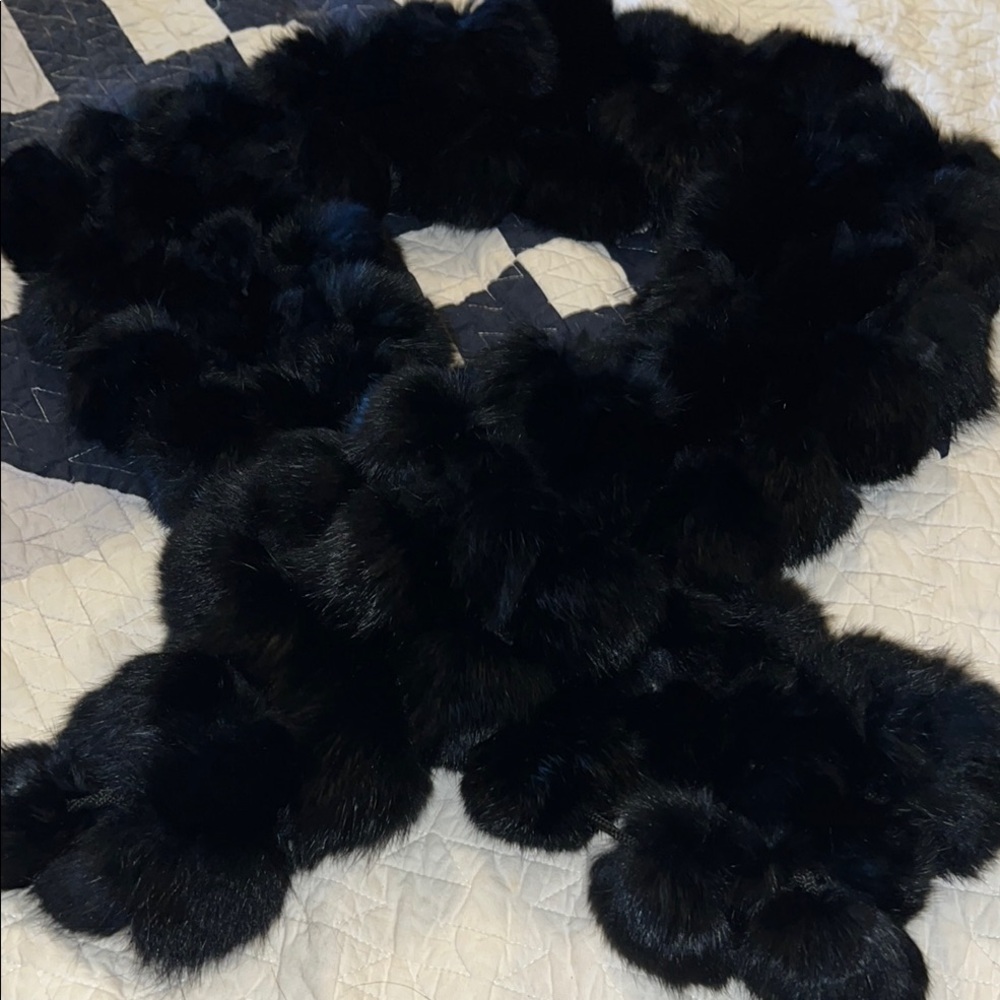 Elegant Black Rabbit  Fur Scarf Pom Pom 54” x 8”